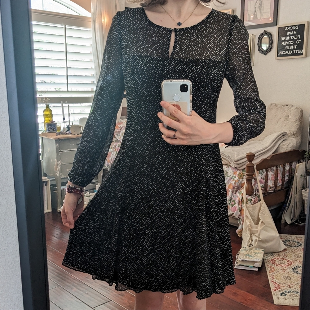Silk J.Crew dress black with white polka dots, 3/4 sleeves, sheer details